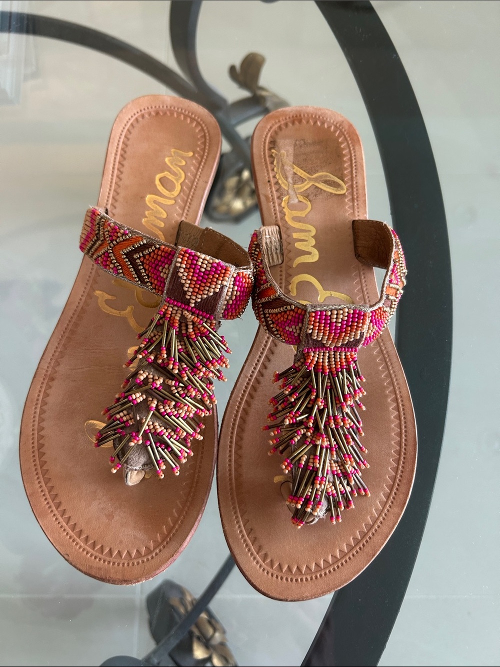 Sam Edelman Beaded Tassel Thong Sandals — Pink/Multi on Tan